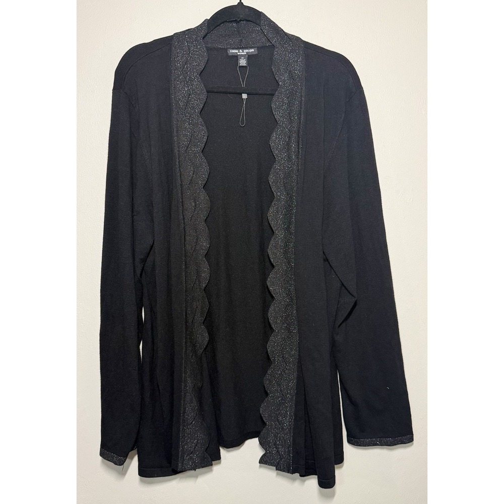 Cable & Gauge Scalloped Cardigan Sweater Women's 2XL Black Open Long Sleeve